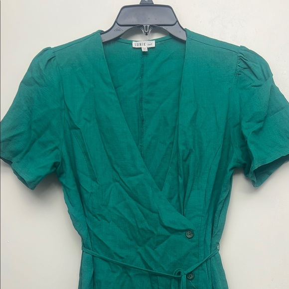 Linen Green Wrap Mini Dress - Picture 3 of 7